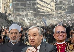 El Secretario General de la ONU, acompañado del Papa León XIV y del máximo representante del Islam, Ahmed Muhammad Ahmed el-Talleb
