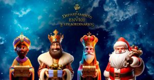 Departamento de Envíos Extraordinarios Virtual de Correos  logo y cuatro personajes