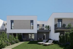 Jardín privado de uno de los bajos de la promocion Elina de AEDAS Homes en Dos Hermanas, Sevilla.
