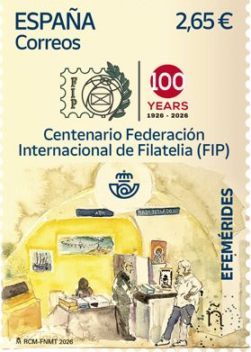 Correos sello que conmemora el centenario de la Federación Internacional de Filatelia